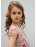 Rose Pink Lace Gray Satin Keyhole Back Elegant Flower Girl Dress